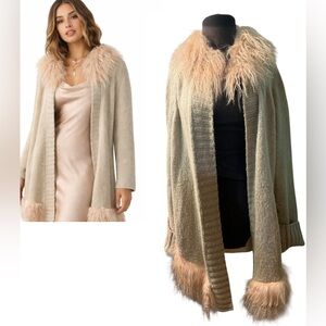 Alberto Makali Boho Glam Knit Cardigan W/ Real Lamb Fur Trim Women's M Relaxed